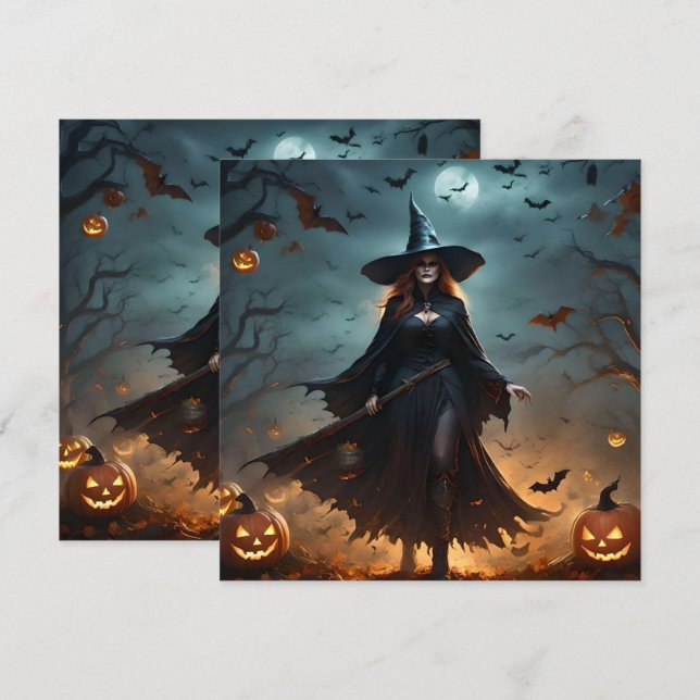 "Wicked Night: Scary Halloween Witch and Her Bats" Invitation (Front/Back)