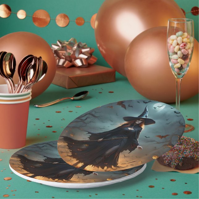 "Wicked Night: Scary Halloween Witch and Her Bats" Paper Plate (Multi)