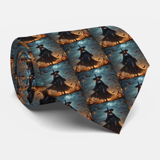 "Wicked Night: Scary Halloween Witch and Her Bats" Tie (Rolled)