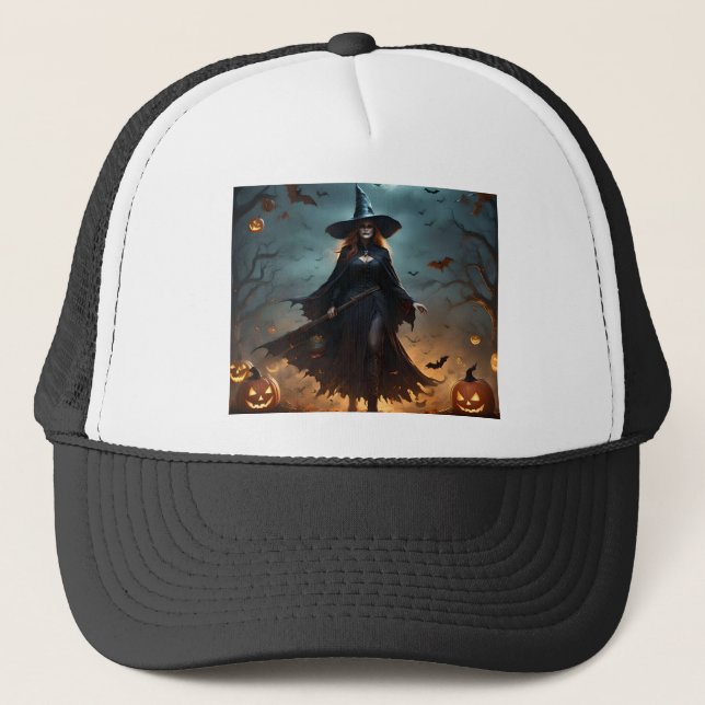 "Wicked Night: Scary Halloween Witch and Her Bats" Trucker Hat (Front)