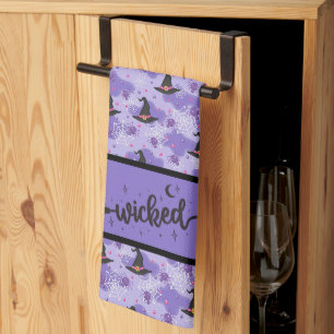 Wicked - Purple - Black Witches Hats And Spiders Kitchen Towel
