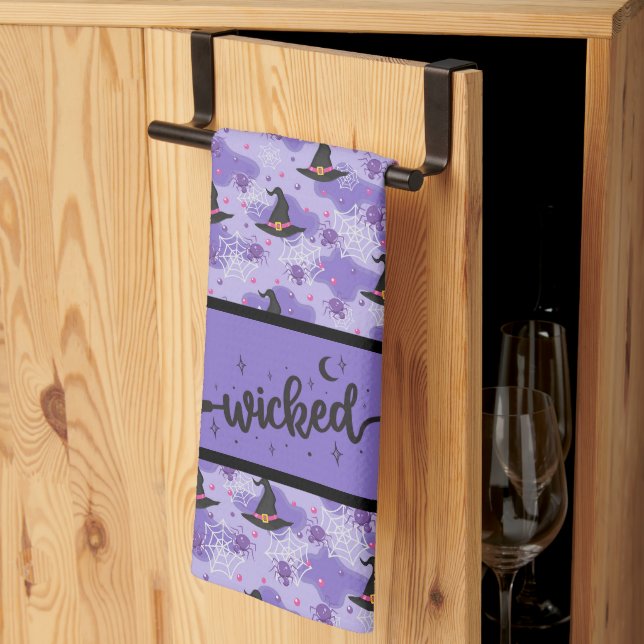 Wicked - Purple - Black Witches Hats And Spiders Kitchen Towel (Thirds Fold)
