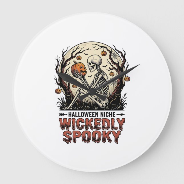 Wicked Skeleton Halloween Vintage Engraving Design Large Clock (Front)