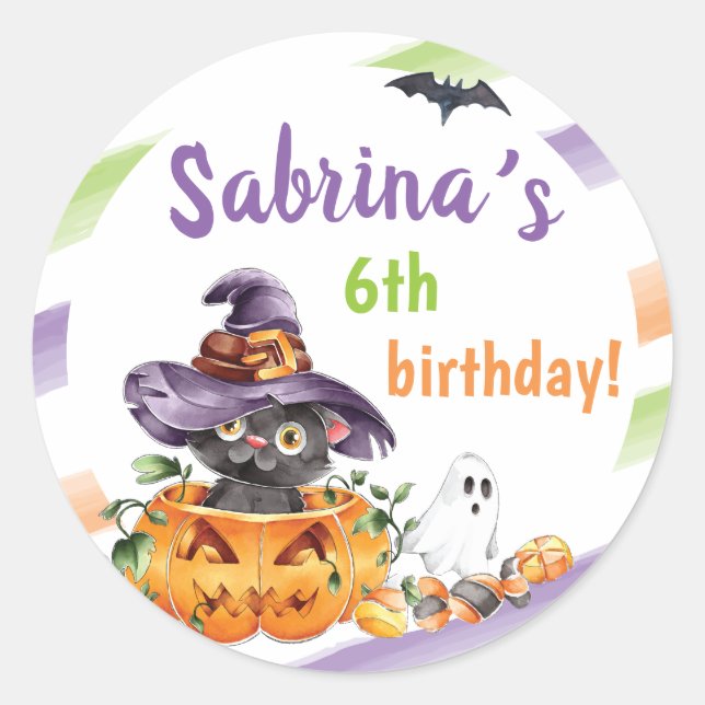Wicked Witch Cat Halloween Birthday Party, Any Age Classic Round Sticker (Front)