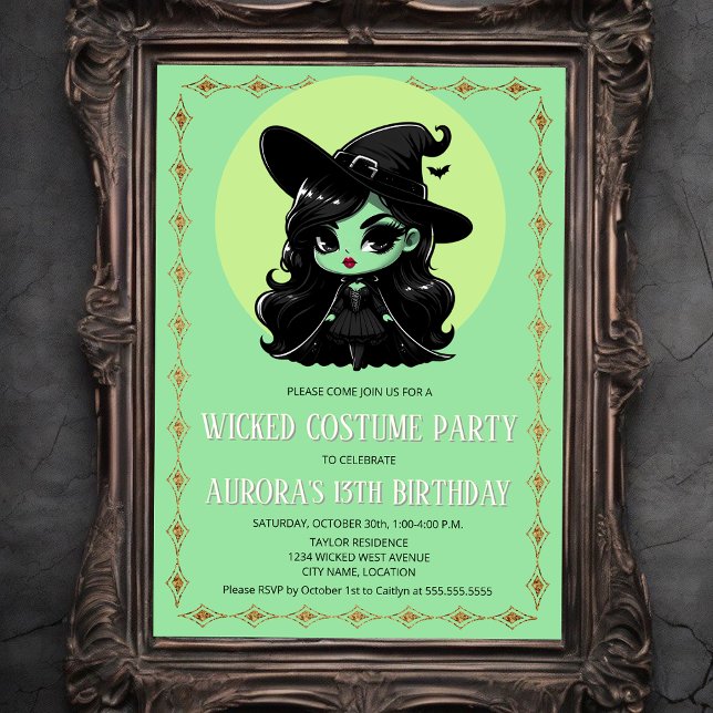 Wicked Witch Costume Party Invitation (Cute wicked little green witch invitation front view.)