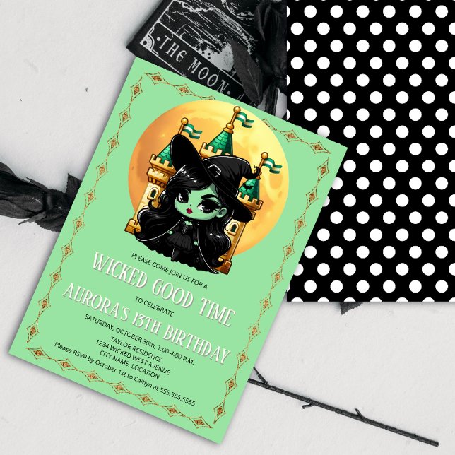 Wicked Witch Good Time Birthday Party Invitation (Little wicked green witch party invitation front and back view.)