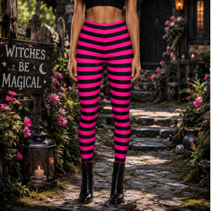 Wicked Witch Pink and Black Striped Halloween Leggings