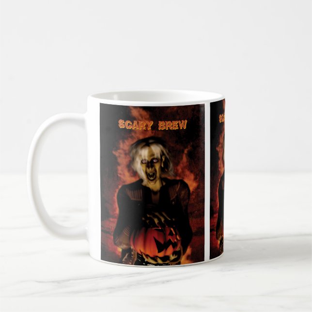 Wicked witch with pumpkin. Halloween Coffee Mug (Left)