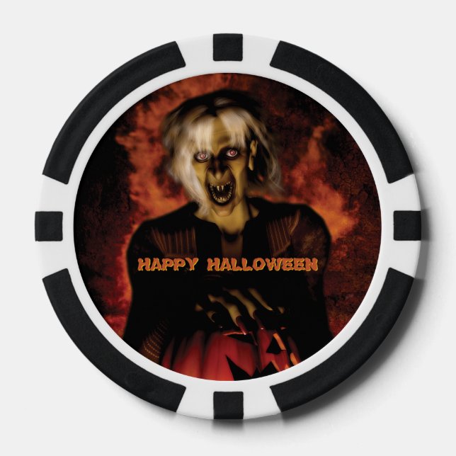 Wicked witch with pumpkin. Halloween Poker Chips (Front)