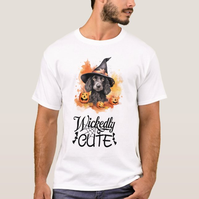 Wickedly Cute Black Hound Puppy Witch  T-Shirt (Front)