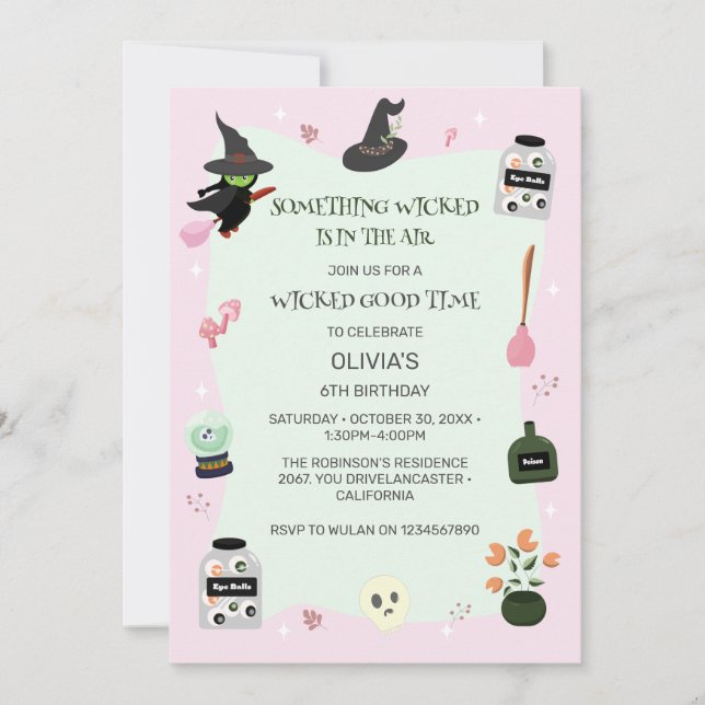  Wickedly Cute Green Witch Halloween Birthday Invitation (Front)