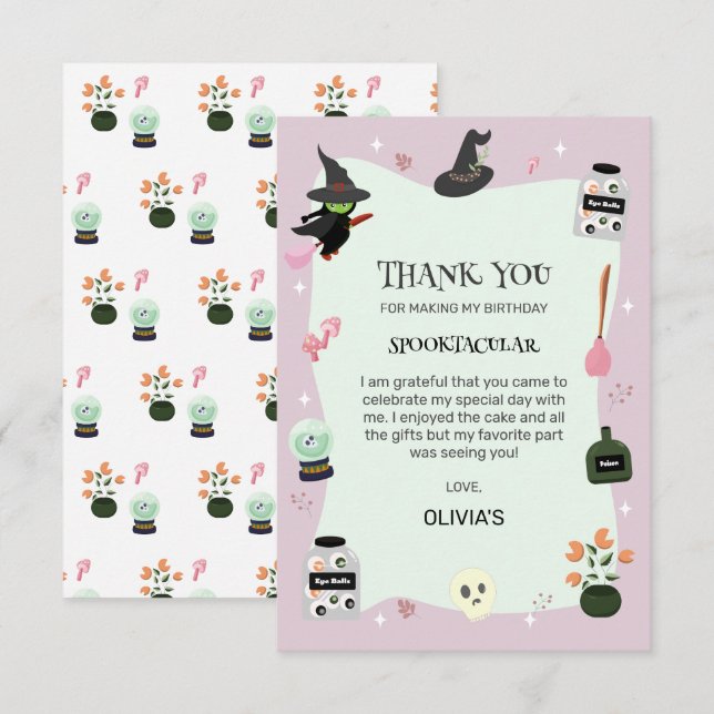  Wickedly Cute Green Witch Halloween Birthday Thank You Card (Front/Back)