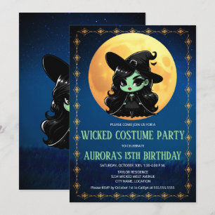 Wickedly Fun Green Witch Halloween Birthday Invitation