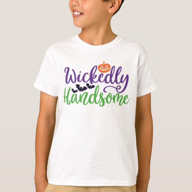 Wickedly Handsome, Pumpkin and Bats Halloween T-Shirt (Front)