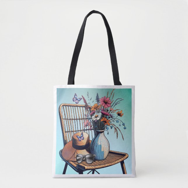 Wicker and Flowers Summer Vibes Tote Bag (Front)