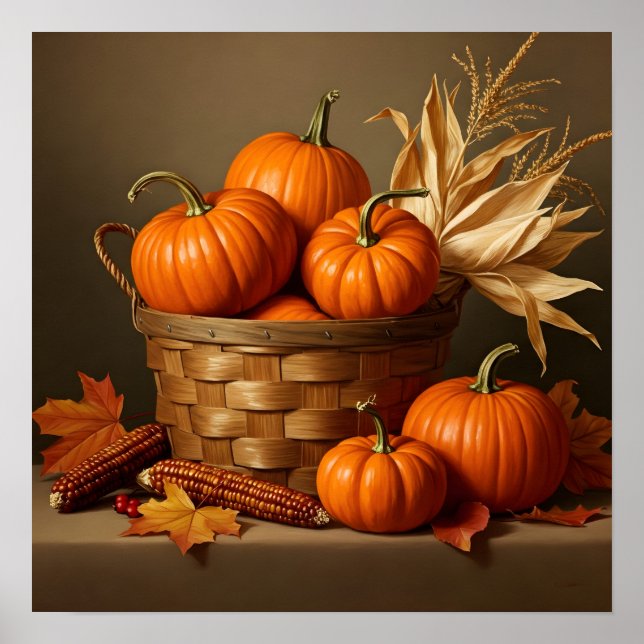 Wicker Basket and Pumpkin- Rustic Farmhouse  Poster (Front)