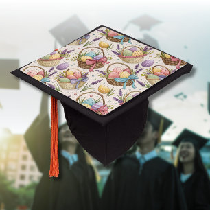 Wicker Basket Easter Eggs with Lavender Graduation Cap Topper