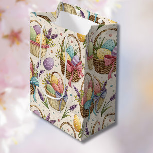 Wicker Basket Easter Eggs with Lavender Medium Gift Bag