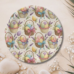 Wicker Basket Easter Eggs with Lavender Paper Plate