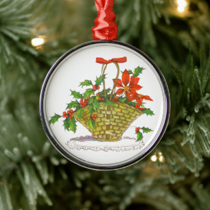 Wicker Basket of Poinsettias Metal Ornament