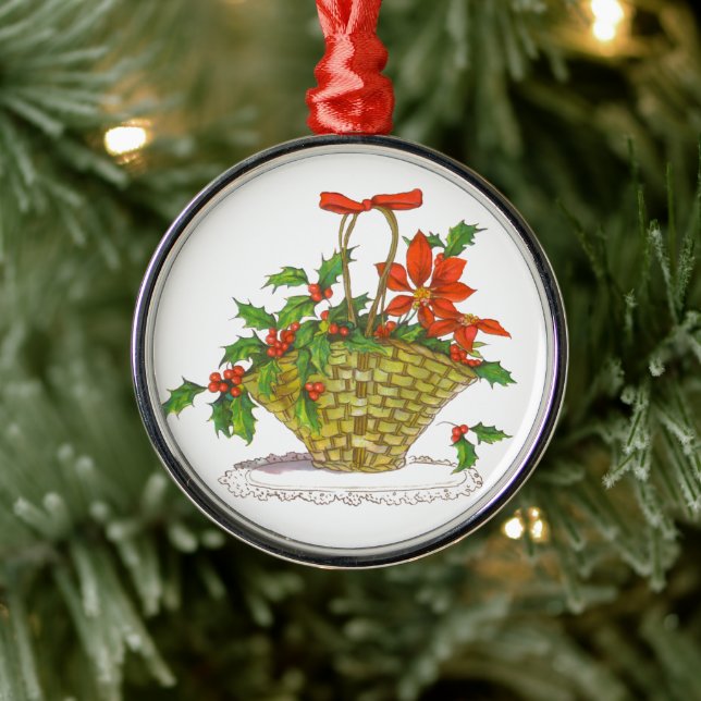 Wicker Basket of Poinsettias Metal Ornament (Tree)