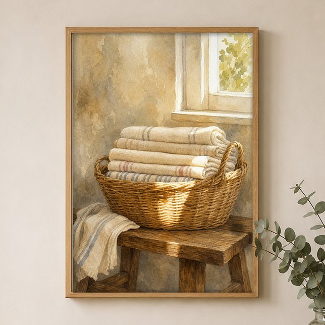 Wicker Basket with Linens Watercolour Poster (Shown framed for scale. Poster ships unframed; frames are an optional add-on.)