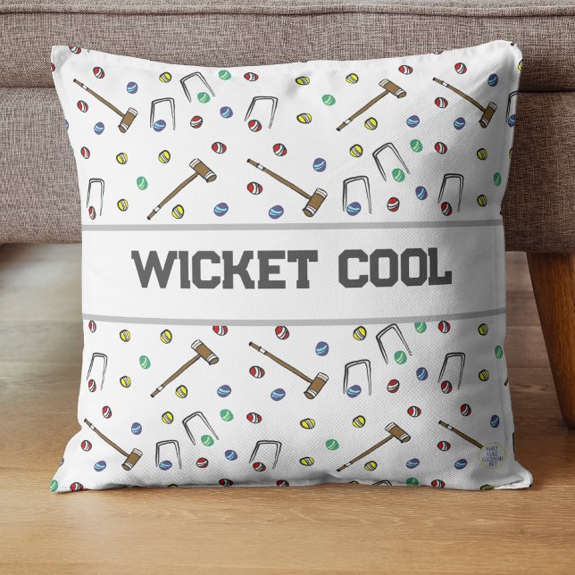 Wicket Cool Croquet Pun Hand-Illustrated Whimsical Throw Pillow (Revel in whimsy and sophistication as you relax in the company of our unique 'Wicket Cool' pillow.)
