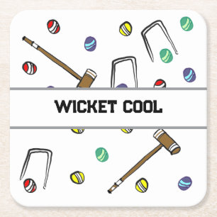 Wicket Cool Funny Hand-Illustrated Orange Croquet  Square Paper Coaster