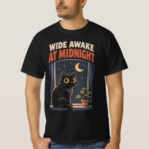 Wide Awake at Midnight Funny Black Cat Night Owl T-Shirt