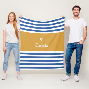 Wide Blue Horizontal Stripes Gold Name and Daisy Fleece Blanket
