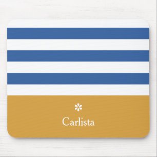 Wide Blue Horizontal Stripes Gold Name and Daisy Mouse Pad