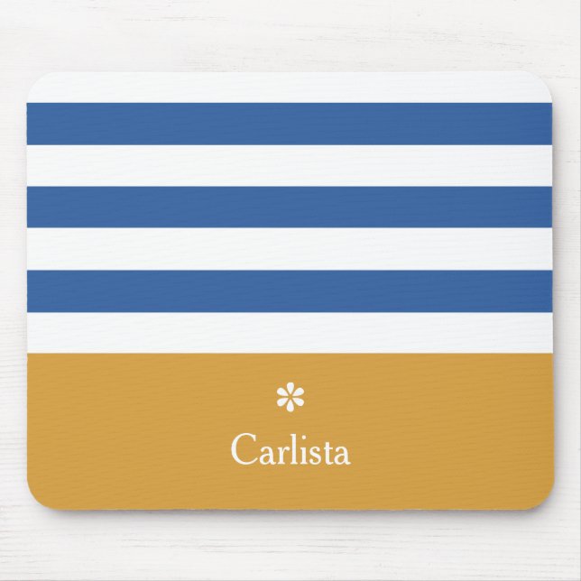 Wide Blue Horizontal Stripes Gold Name and Daisy Mouse Pad (Front)