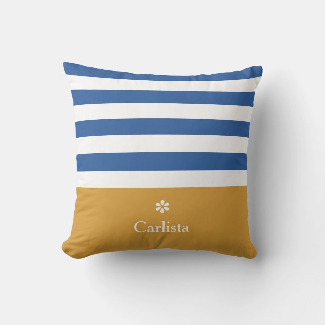 Wide Blue Horizontal Stripes Gold Name and Daisy Throw Pillow (Front)