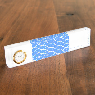Wide Bright Blue Waves Pattern On White Clock Nameplate