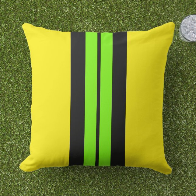 Wide Bright Lime Racing Stripes On Lemon Yellow Outdoor Pillow (Grass)