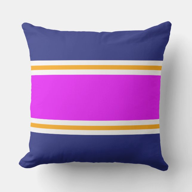 Wide Bright Pink Yellow White Navy Racing Stripes Outdoor Pillow (Front)