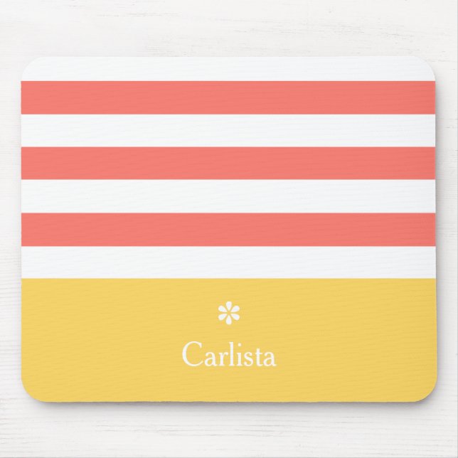 Wide Coral Horizontal Stripes Yellow Name Daisy Mouse Pad (Front)