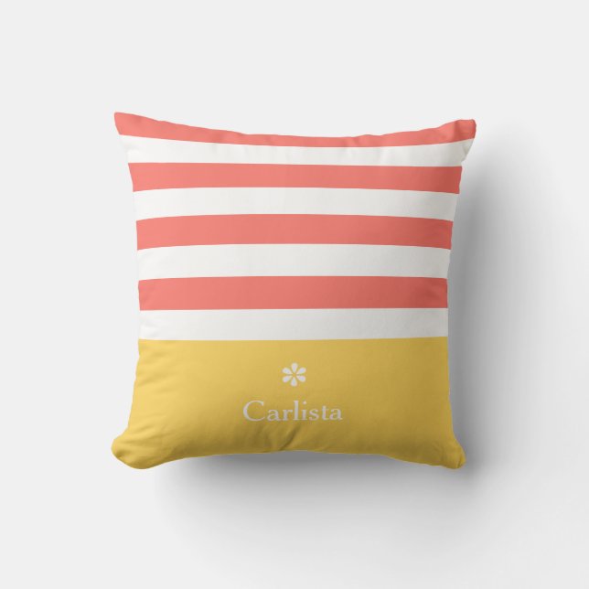 Wide Coral Horizontal Stripes Yellow Name Daisy Throw Pillow (Front)