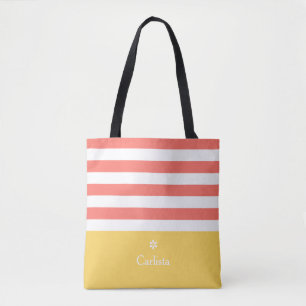 Wide Coral Horizontal Stripes Yellow Name Daisy Tote Bag
