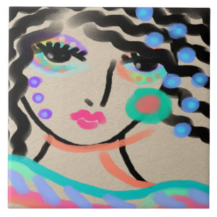 Wide Eyed Abstract Digital Portrait of a Woman Tile