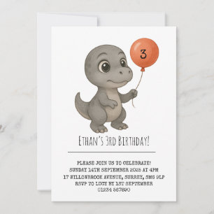 Wide-Eyed Grey Dinosaur with Balloon Birthday Invitation