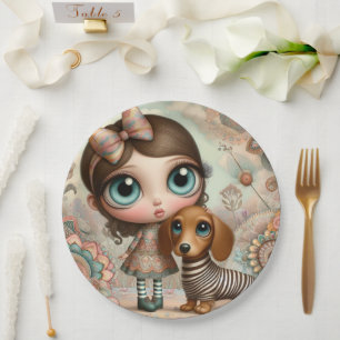 Wide Eyed Primitive Girl with dog Paper Plate