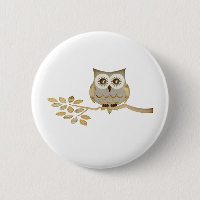 Wide Eyes Owl in Tree 2 Inch Round Button (Front)