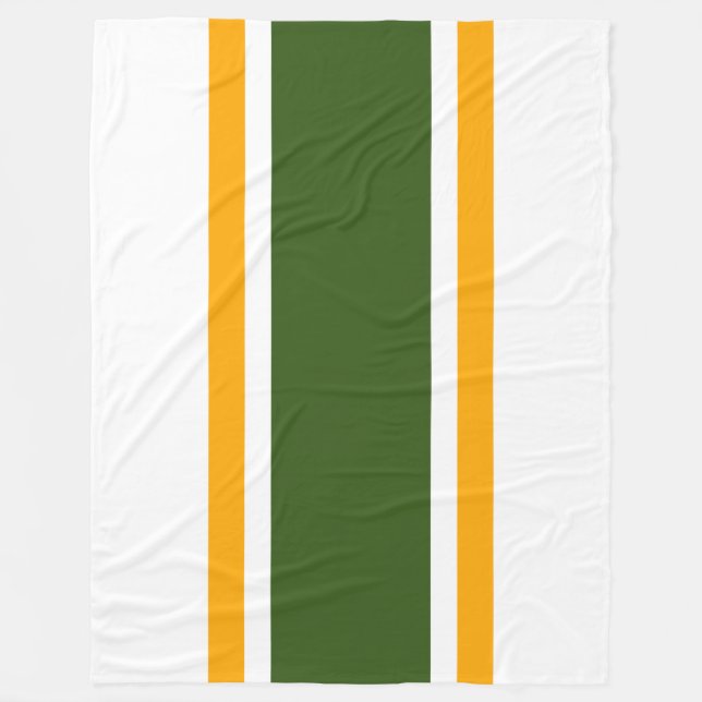 Wide Forest Green Yellow Racing Stripes On White  Fleece Blanket (Front)