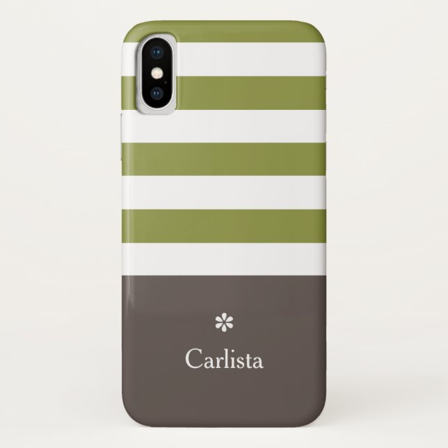 Wide Green Horizontal Stripes Brown Name Daisy Case-Mate iPhone Case (Back)