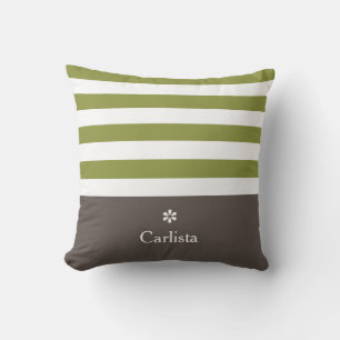 Wide Green Horizontal Stripes Brown Name Daisy Throw Pillow