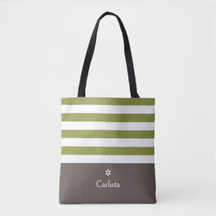 Wide Green Horizontal Stripes Brown Name Daisy Tote Bag