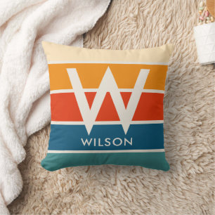 Wide Retro Stripe Monogram  Throw Pillow
