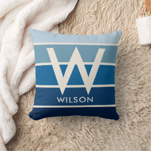 Wide Rich Blue Gradient Stripe Monogram  Throw Pillow