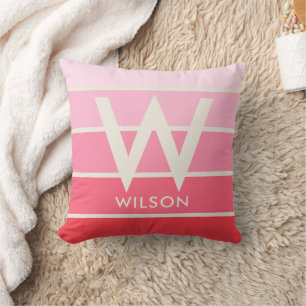 Wide Soft Pink Gradient Stripe Monogram  Throw Pillow
